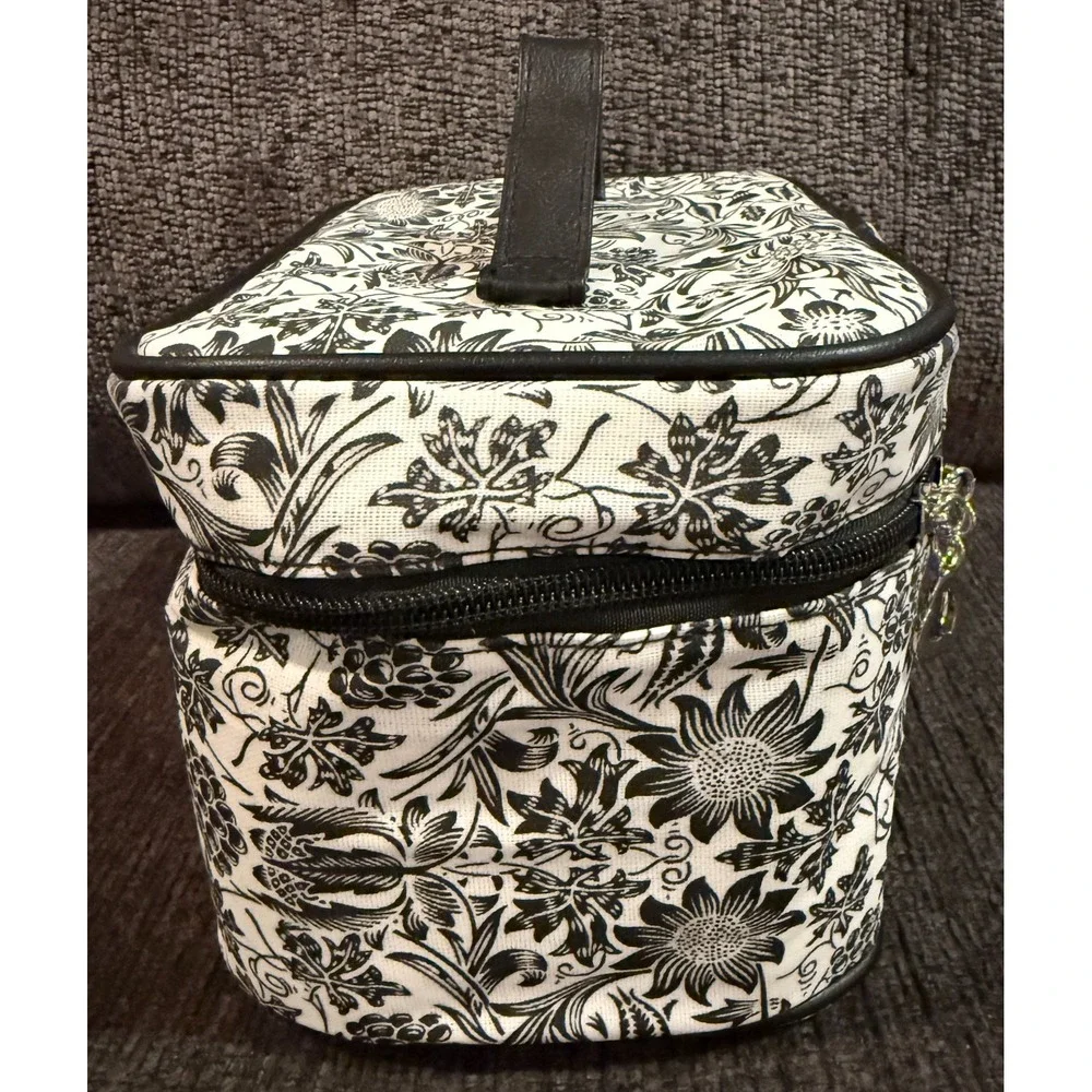 Bella Russo Makeup Bag  Black White Floral Design Zipper Closure Handle Charms